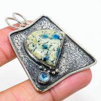 Natural K2 Blue Azurite,Blue Topaz Stone 925 Sterling Silver Pendant 2.01  l9W55