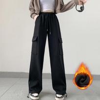 Fleece Straight Leg Cargo Kelnės Moteriškos amerikietiškos laisvalaikio sportinės kelnės žieminės storos aksominės aukšto juosmens liekninančios plačios kelnės S black