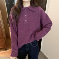 Polo collar soft and waxy solid color sweater for women in autumn and winter new slim loose versatile versatile lazy warm sweater S