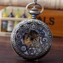 Gear Gun Black Mechanical Pocket Watch Vintage Clamshell Hollow Necklace Pocket Watch for Men and Women black