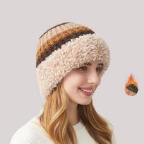 Color Bock Knitted Hat Women's Thick Hat Elastic Fleece Edge Warm Hat chaki