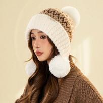 Fashion Color Matching Hairball Ear Protection Warm Hat Women's Winter Cycling Fleece Cold-proof Wool Hat one size balta