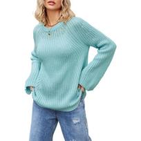 Women's Autumn and Winter Round Neck Flare Sleeve Knit Casual Sweater S mėlyna