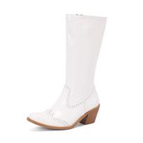 Autumn Winter New Lacquer Leather Women's Mic-calf Boots Square Head Solid Color Casual Chunky Heels Zipper Western Brogue Shoes 6