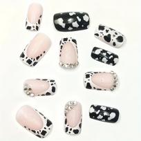 24pcs Mixed Color Cow Print Press-On Nails with Rhinestones Square Shape Glossy Finish