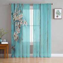 Plum Blossom Plank Blue Wood Flower Tulle Sheer Window Curtains for Living Room Kitchen Children Bedroom Voile Hanging Curtain W135 x H114cm