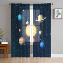 Universe Starry Sky Solar System Planet Sheer Curtains for Living Room Tulle for Windows Voile Yarn Short Bedroom Curtains W135 x H114cm
