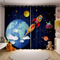 Cartoon Space Astronaut Print Curtains for Kids, Children's Room Decoration, 100% Polyester, Home Decoration, Cute, 2 Pcs W50xH130(CM)x2PCS&Grommet Top white