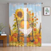 Autumn Retro Pumpkin Rocking Chair Sunflower Sheer Curtains for Kids Bedroom Living Room Voile Window Curtains Tulle Drapes W135 x H114cm