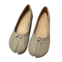 Handmade Woven Burlap Material Design Flat Shoes for Women Lightweight Comfort Breathable Ballet Shoes Fashion Casual Loafers 35 beige
