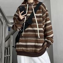Autumn and Winter Vintage Striped Loose Pullovers Women Sweater Long Sleeve Casual Plus Size Knitted Sweaters Women Fashion O Neck Knit Jumpers 25361 M tamsiai ruda spalva