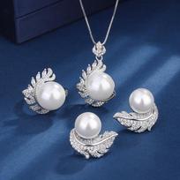 Micro Paving Zircon Feather Gray White Shell Pearl Necklace Stud Earrings Adjustable Ring Women Jewelry Set Resizable balta