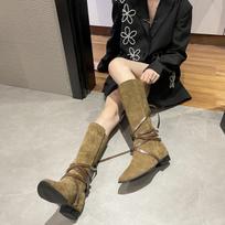 Fashion AJGS Women Boots Suede Cross-lace Autumn and Winter Women's Shoes Mid-calf Women's Pull-on Simple Pleated Fashion Boots 35 chaki