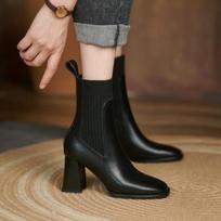 Fashion Solid Color Nude Boots Women Square Head 2024 Spring and Autumn New Slim Knitted High-heeled Slip-on Comfortable Women's Boots 35 juoda