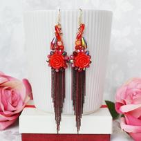 Ethnic Style Purely Handmade Long Fringed Earrings Bohemian Retro Temperament Earrings Women raudona