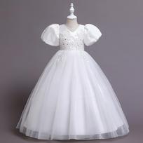 Bubble Sleeve Vaikiškos vestuvinės princesės suknelės Suknelės V formos iškirpte Little Host Girls Runway Mesh Performance Ilgos Suknelės 110cm