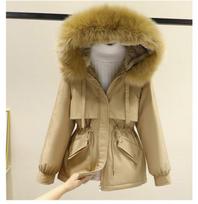 Cotton Padded Plus Size 3XL Winter Big Fur Jacket Women Loose Slim Warm Hooded Parka Coat Down Jacket S chaki