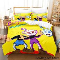 Kawaii Cuphead Mugman Bedding Set Single Twin Full Queen King Size Bed Set Adult Kid Bedroom Duvetcover Sets Anime Game Bed AU King 240x210cm blue