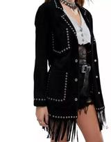 Women Suede Leather Jacket Black Studded Fringe Long Jacket Stylish Handmade XS juoda