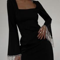 Fringe Fashion Back tuščiaviduriai Flare Sleeve Midi juodos suknelės L juoda