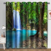 Rain Forest Waterfall Semi-Blackout Curtain Mountain Waterfall Flow Jungle Nature Scenery Print cortinas for Bedroom Living room 100W130H(CM)40x51in&rod pocket