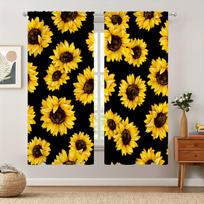 2PCS Rustic Sunflower Insect Print Light-Filtering Curtain Panels for Kitchen Living Room Office Bedroom Twill Weave Polyester Milled cotton fabric&Grommet Top yellow