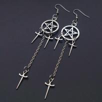 Pentagram Sword Earrings Silver Plated Hug Hoop Pendant Witch Jewelry Pagan Gothic  Women's Gift