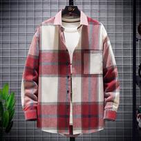 Brushed Long-sleeved Shirt Men's Hong Kong Style Trendy Men's Cardigan Casual Plaid Trendy Men's Shirt 5XL raudona