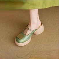 National Tide Style Baotou Thick-soled Sandals Women's Semi-slip Wear-resistant Block Heel Slippers Womens Shoes 35 žalia