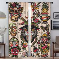 New School Tattoo Shades Curtains for Living Room Curtain for Room 2 Panel Home Interior Curtains Halloween Decoration Partition W50xH70cmx2pcs-CL