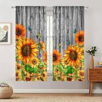 1pc Wooden Sunflower Curtains Semi-shading Grommet Top Curtains For Bedroom Living Room Office Home Decor 50W160H(CM)x2Panel&Hook