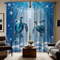 2pcs HD Sea Bottom Romantic Snowflake turtle diving decorative curtain Blue tie digital printed curtain Home Decoration style W52H63inchW132H160cm