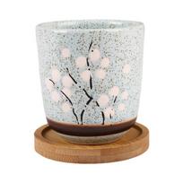 Ceramic Flower Pot With Bamboo Tray Japanese Style Succulent Plant Flowerpot Bonsai Planter Garden Decor Cactus Plants Planters white
