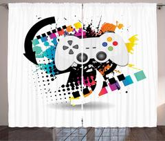 Gamer Curtains Modern Console Game Controller with Halftone Motif and Color Splashes Background Living Room Bedroom Window Drape 1Pcs W135 x H60 cm&Gromment (Ring) Top