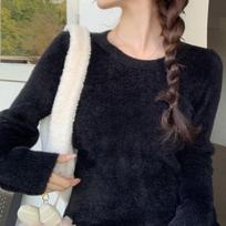 Vintage Loose Velvet Padded Crew Neck Sweater Base Layer Women's Spring Autumn Inner Warm Knitted Tops Korea Chic Design Casual Clothes S juoda