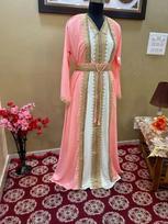 Islamic Dubai Kaftan Gown Abaya Stylish Long Moroccan Hand Work Farasha Dress XS balta/persikas