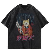 Streetwear Akita Graphic Oversized Washed Black T-Shirt Cotton Unisex Long Sleeves T Shirt S juoda