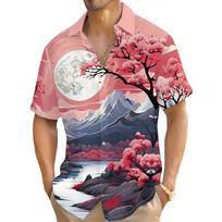 Summer Fashion Men's Short-Sleeved Shirt Japan Mount Fuji Flower Cherry Blossom Print Casual Street Wear With Men Oversized Tops S beige