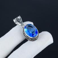 London Blue Topaz Gemstone Silver Pendant in 925 Sterling Silver - Handmade Oval Design, Everyday Wear Jewelry Mother' Day Gift 1.95" mėlyna