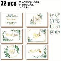 1Set/72pcs Green Plant Thank You Card Envelope Set, Wedding and Holiday Card Greeting Card, Cartoon Greeting Card Envelope Set 72pcs gray