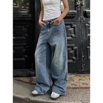 2000s Plus Size Vintage Wash Straight Leg Jeans Women Summer Fashion Design Wide Leg Casual Pants American Low Waist Loose Denim Trousers S mėlyna