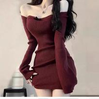Wine Red Square Collar Knitted Dress: Waist-Hugging Autumn/Winter Sweater Skirt for Women, Perfect for Christmas. Small raudona
