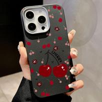 Mielas vyšnių rašto plonas matinis dėklas su Magsafe, skirtas iPhone 16 Pro Max 15 14 Pro 13 12 11, minkštos TPU odos tekstūros, atsparus smūgiams, magnetinis telefono dangtelis iPhone 16 juoda