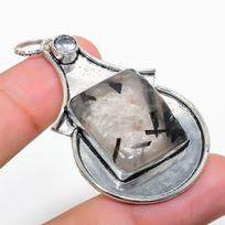 Black Rutile, White Topaz 925 Sterling Silver Jewelry Pendant 2.29  v1z31