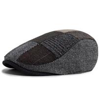 New Vintage Wool Patchwork Beret Men Autumn Winter Warm Newsboy Hat Fashion Flat Visor Cap Casual Retro Berets For Men's pilka spalva