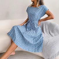 Ins Real Shot Spring and Summer Casual Short-sleeved Floral Pleated Skirt Women's Clothing XS mėlyna