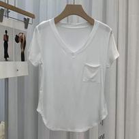 Summer Modal Cotton Draped Collarbone T-shirt Women Loose Korean-style Mid-Length Base Shirt Short Sleeve Casual V-neck Top S balta