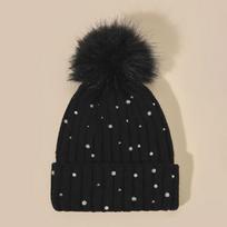 Women's Autumn/Winter Knitted Hats with Raccoon Fur Pom-Poms, Diamond Accents, and Ear Protection – Korean Style Fashion. One Size beige