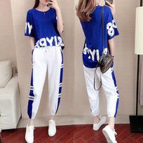 Casual Sports Suit Female Summer Korean Version of The Loose Student Hong Kong Style Western Fashion Two-piece Suit XXXXL mėlyna
