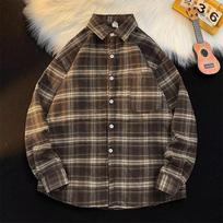 Men's Hong Kong-Style Plaid Velvet-Lined Long-Sleeve Shirt - Trendy Japanese-Inspired Autumn/Winter Jacket Extra Large tamsiai ruda spalva